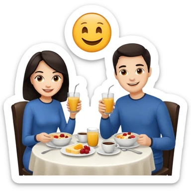 pon una pareja desayunando sedayuno de hotel pareja de pelo moreno sticker