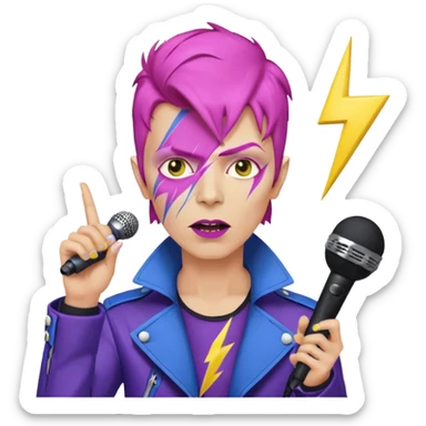 David Bowie inspired male rockstar emoji, short pink hair, lightning bolt face paint, yellow skin, dark lipstick, purple and blue jacket, microphone, white background sticker