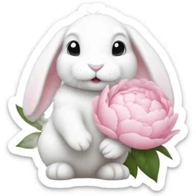 cute white bunny holding light pink peonies sticker