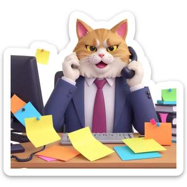 furious office cat with ruffled fur tie askew sitting at cluttered workstation facepalming in exasperation surrounded by sticky notes ringing phone fed up with endless dumb questions sticker