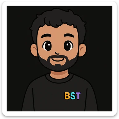 2D digital anime-style portrait of a young adult male with medium skin tone, short wavy black hair, almond-shaped black eyes, and a full beard. Wearing a plain black sweatshirt with the BST logo in vibrant colors (orange, teal, purple, blue) on the left chest. Solid black background. Facing forward with a slight smile (no teeth). Soft and flat lighting, clean anime lines, smooth shading. Professional, cohesive team style. sticker