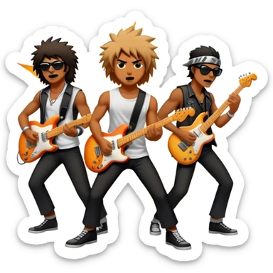 Cinematic Realistic AC/DC Band Emoji, depicted as a high-energy rock ensemble with electrifying stage presence and gritty textures, rendered with bold vibrant lighting that captures the raw power and rebellious spirit of their music. sticker