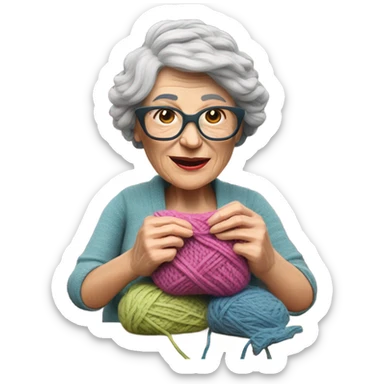 Create a 3d hyper realistic photo of a senior woman knitting  sticker