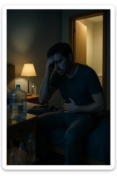 A cinematic scene of a man in his 30s sitting on the edge of his bed at night, clearly tired and frustrated. On his nightstand are several empty water bottles and a large reusable water jug, suggesting excessive hydration. A dim lamp casts soft shadows in the room, and the door to the bathroom is open with light spilling out — symbolizing repeated nightly visits. The man holds his head in one hand, while the other rests on his abdomen, eyes heavy with fatigue. The atmosphere is quiet and introspective. Cool color grading with deep blues and pale yellows enhances the nighttime mood. Style: 35mm cinematic realism, with attention to emotional detail and ambient lighting sticker