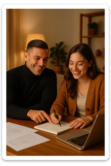 a man and woman work together on a project at home, with the man offering guidance and the woman actively participating and contributing ideas. Their expressions show teamwork and satisfaction, highlighting the benefits of collaboration and shared leadership. The setting is warm and inviting. sticker