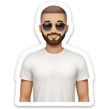 A confident young man with a stylish buzz cut and beard, wearing dark sunglasses and a clean white T-shirt. He smiles slightly while standing outdoors against a clear sky and modern urban background. sticker