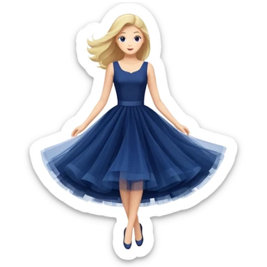 Navy blue dress with tulle skirt floating in the air, isolated sticker