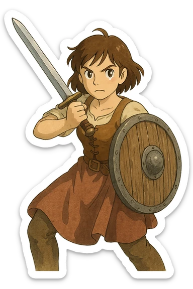 a warrior maiden with a sword and shield, common tavern clothing, eye gleam, defense stance, repose sticker