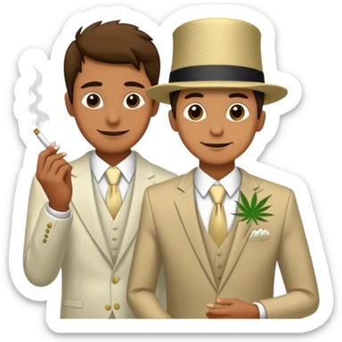Person in fancy clothes sneaking into a wedding ceremony with a mischievous grin, uninvited guest, smoking cannabis sticker