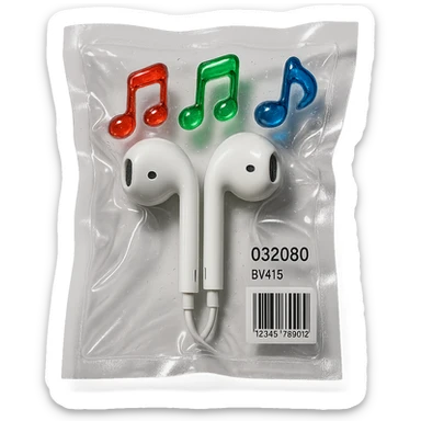 pair of white EarPods with three distinct colorful glass music notes floating above, glossy and puffy sticker
