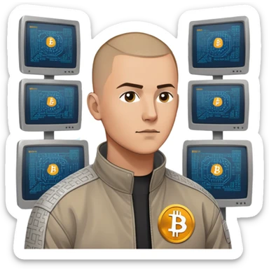 Gender: Male Hair: Buzzcut with laser-etched blockchain pattern Face: Permanent skeptic side-eye Clothes: Anti-static jacket with "SHA-256" shoulder patch Action: Tracing Bitcoin transactions across six monitors sticker