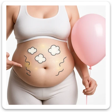 Realistic style edit of the woman identical to the photo with a very swollen abdomen. Add symbols of bloating like small clouds, curved lines, or a glow around the abdomen area. sticker