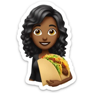 chica linda con cabello negro ondulado largo, comiendo un taco sticker