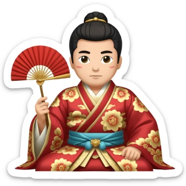 Wealthy warlord in ornate kimono, crest on chest, seated with fan in hand. sticker