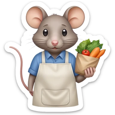 sad rat working as grocery store bagger with apron sticker