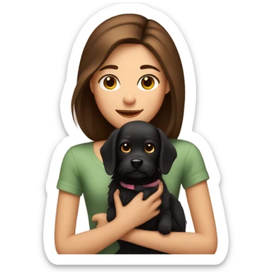 A girl with straight brown hair holding a small fluffy black dog sticker
