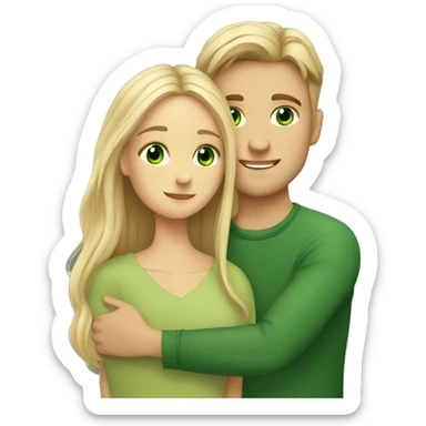 A girl with green eyes and brown long hair hugs a blond guy with green eyes sticker