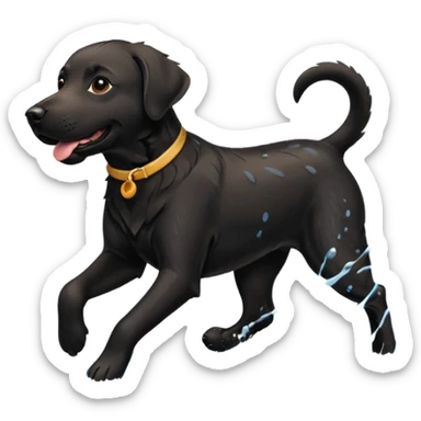 A black Labrador Retriever running through shallow water near a lake, splashing around happily. Natural lighting, motion shot, photorealistic style. sticker
