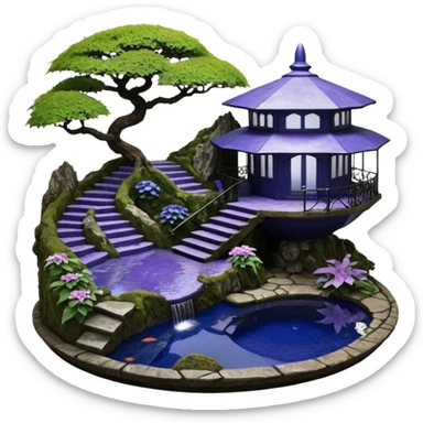 Alien saucer poolhouse jungle-vines precarious narrow stairway fountain koi pond mountainside -island getaway nighttime landscape antique mudman very old broken cracked intricate Stone Age lapis-crusted irregular dodecagon-shaped shallow dark moss rough bark violet serissa flowered maple tree bonsai sticker