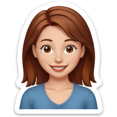 A girl with chest-length brown hair with a reddish tinge, with fair skin, brown eyes and a septum piercing, winking sticker