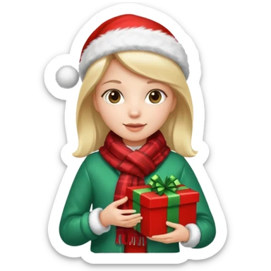 a girl wearing a chirstmas jacket and scarf and holding a christmas gift sticker