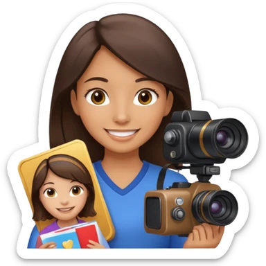 A brunette girl smiling, she’s a proud and successful filmmaker 🍿🌍✨ she’s next to a camera, / holding awards  sticker