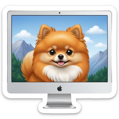 iMac monitor with a Pomeranian dog photo displayed on screen sticker