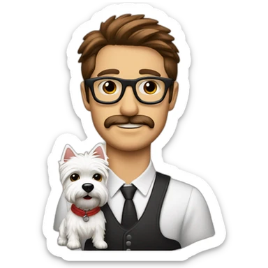 Hombre con gafas con montura roja con un perro westie sticker