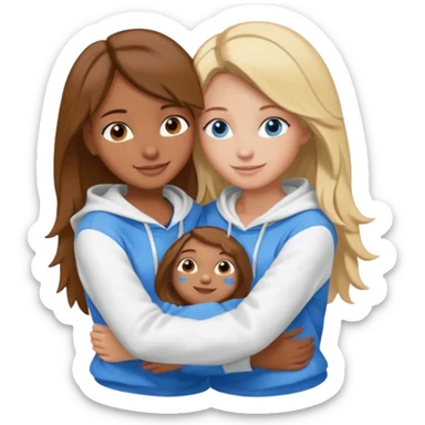 two Girls, Brown and Blonde hair, with Blue Eyes hugging one has Brown hair cute Hug another Version  Both Blue eyes and white hoddies Brown haired blonde on sticker