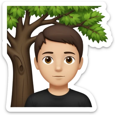 boy with straight short brunette hair brown eyes black tshirt on and tree behind sticker