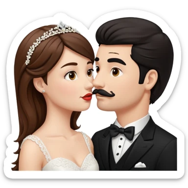 White girl brown hair bride and white black hair groom with moustache kissing sticker