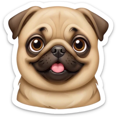 Cinematic Comical Fawn Pug Portrait Emoji, Head tilted dramatically with an exaggeratedly amused expression, featuring a glossy fawn coat with a smooth finish, wide, expressive dark eyes filled with playful disbelief, Simplified yet hilariously expressive features, highly detailed, glowing with a slightly sassy glow, high shine, dramatic yet playful, stylized with an air of cheeky mischief, bright and endearing, soft glowing outline, capturing the essence of a spirited and over-the-top companion, so meme-worthy it feels like it could side-eye its way into internet fame instantly! sticker