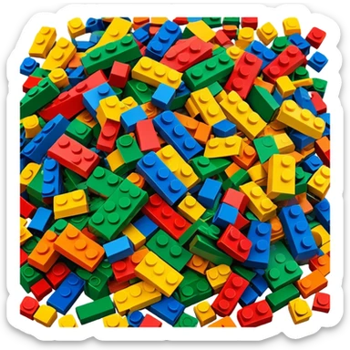 A photorealistic icon featuring a pile of colorful LEGO bricks scattered together in a messy heap. The design includes bright, detailed textures of the individual bricks, capturing the playful and creative essence of LEGO building. Transparent background, symbolizing LEGO construction. sticker