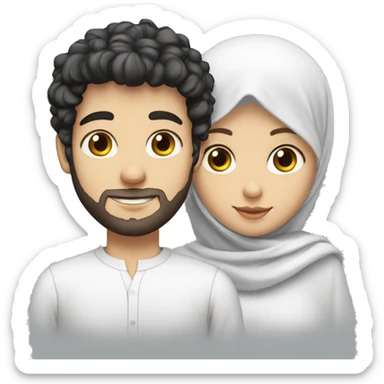 young white European guy with a white shirt and curly black hairs with girl wear hijab sticker