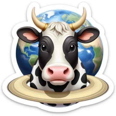 A black and white spotted cow head on top of the planet Saturn with its rings, and enormous human feet wearing shoes supporting the whole structure sticker