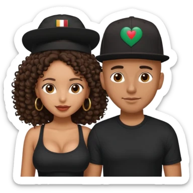 A picture of a loving tanned couple. the guy is Mexican, with a bald hair cut and he has a SnapBack hat on. The girl is mixed, the girl is wearing a black shirt, the girl has brown curly big hair and the girl has big boobs  sticker