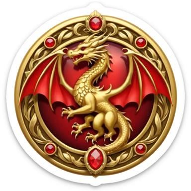 Golden dragon with wings crest / brosch in a circle with red gems and no background sticker