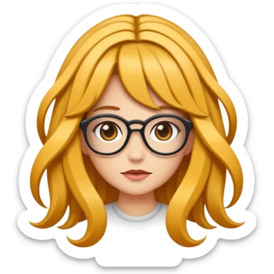 Uma garota de cabelos encaracolados compridos e mechas bem loiras, com pele morena  e óculos sticker