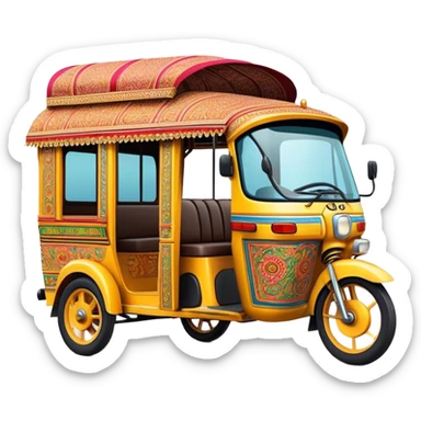 Cinematic Realistic Indian Auto Rickshaw Emoji, depicted as a colorful, bustling auto rickshaw with intricate designs and vibrant hues, rendered with lively textures and dynamic urban lighting that captures its quintessential presence in Indian cities. sticker