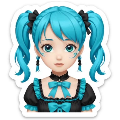 anime-style female character with bright turquoise hair styled in twin tails and matching blue eyes. Her outfit is a frilly turquoise and black dress in a Lolita-esque style, heavily contrasted with black ribbons and trim. A key detail is the "AWP" logo in black on the chest. VERY happy variant sticker
