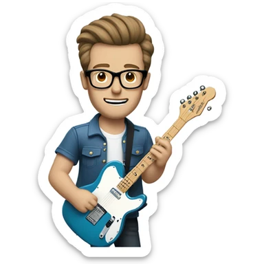 A nerdy white guy with glasses with short brown hair with a small quiff playing a blue classic telescaster sticker
