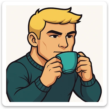 Make the long blonde male sipping tea emote appear more masculine, with stronger jawline, more defined facial features, and a slightly broader build in sticker style sticker
