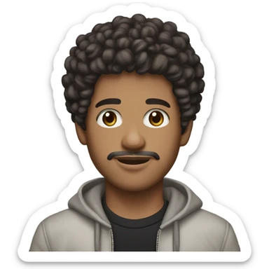 Create a 20-year-old boy with dark brown curly hair styled in a taper haircut, a goatee and mustache, brown eyes, and a tanned complexion with chrome hearts clothes sticker