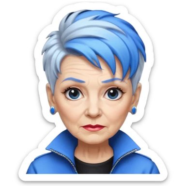 reife frau, achtzigJahre alt kein kind! freche extreme schwarze Kurzhaarfrisur eine Seite wirklich fast keine Haare andere Seite mit blauer Strähne kurze Seite noch viel kürzer sticker