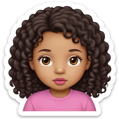 light brown skin tone, very adorable toddler, with big plump lips, long long lashes, black curly long hair, brown eyes, pink shirt sticker