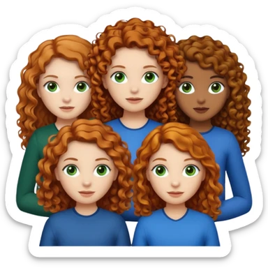 Make me 3 girls. One with medium size curly ginger hair, white skin and green eyes,  one with long curly dark brown hair with a little just a little darker skin and brown eyes,  and one with white skin and straight dark blonde hair and blue eyes  sticker