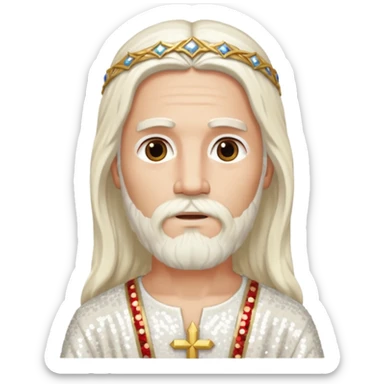 Jesus, Son of God from Gods and Goddesses with long white hair and beard, ivory sequin outfit sticker