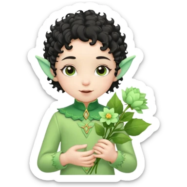 Tiny elf baby black curly hair with pointy ears\, pastel green outfit, hold flowers sticker