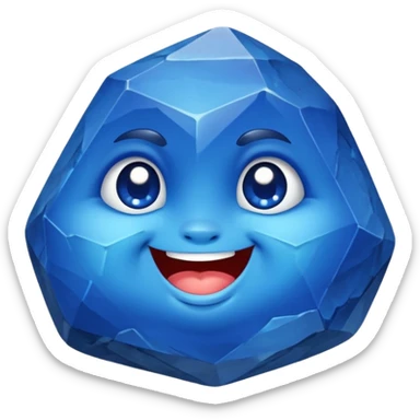 A single chubby gemstone rock character, bright sapphire blue, very rock-like with chunky irregular facets and a slightly rough stone texture, big glossy eyes and a happy smile sticker