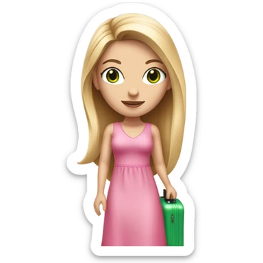 Realistic White girl with Long straight blonde hair and green eyes, tattoos, full body wearing pink dress, holding pink luggage sticker